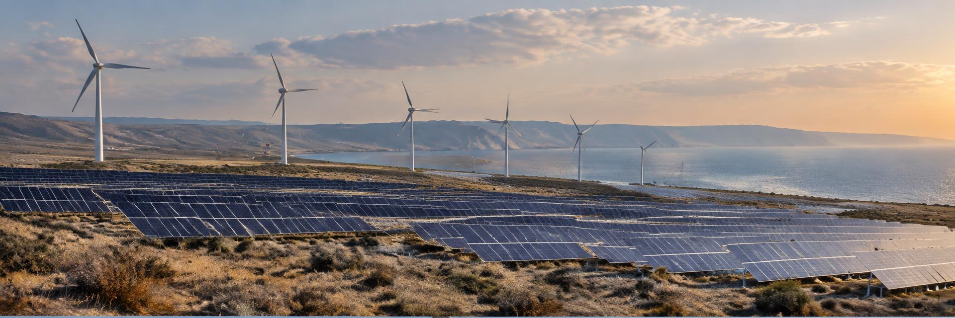 Illustrative image: solar and wind power across an arid steppe