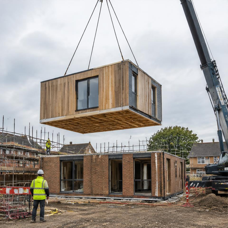 Illustrative image: factory-built housing module being craned into place